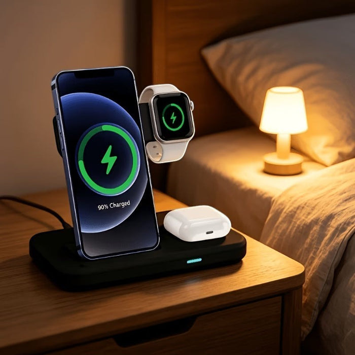 Blessing 3-in-1 wireless charging stand in black, charging a smartphone, smartwatch, and earphones on a nightstand.