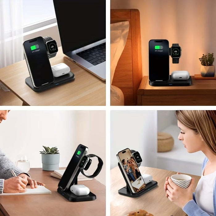 Blessing Foldable wireless charging station in black, charging a smartphone, smartwatch, and earbuds. Ideal for desks and nightstands.