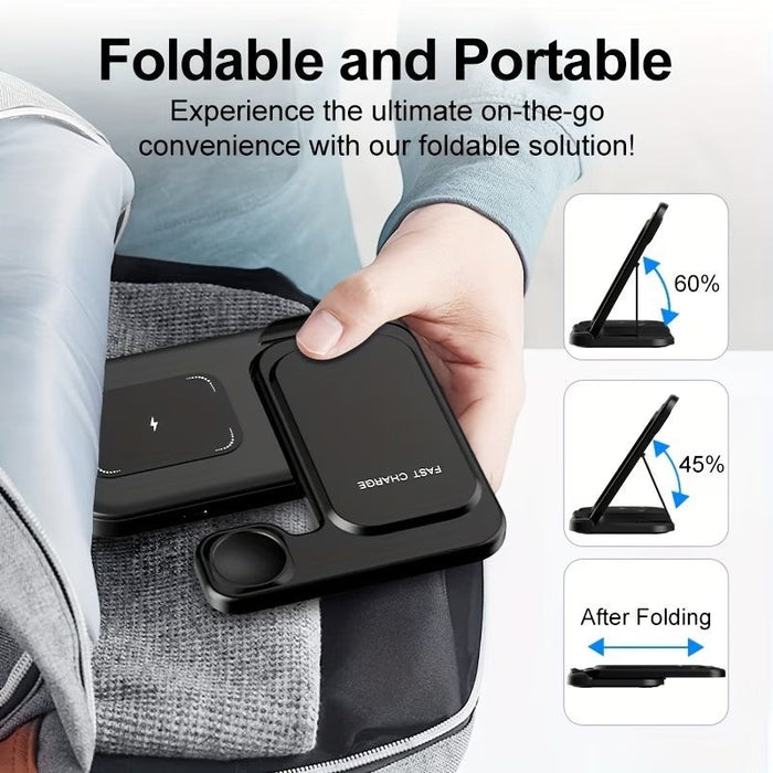 Blessing Foldable Wireless Charging Station for smartphone, smartwatch, and earbuds. Black, compact, and portable design.