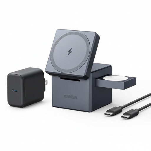 Blessing magnetic charging dock for phone and watch, grey, with USB-C PD charger and cables.