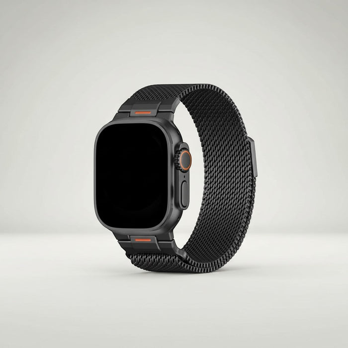 Blessing magnetic mesh loop band for Apple Watch Ultra in black stainless steel with orange accents.