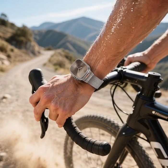 Blessing Magnetic Mesh Loop Band for Apple Watch, silver stainless steel Milanese strap on a man's wrist while cycling.