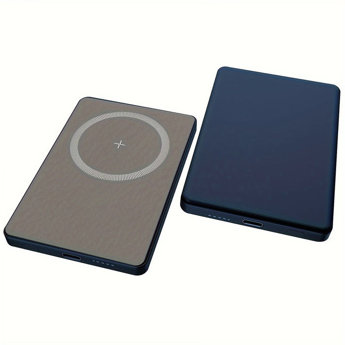 Blessing Magnetic wireless charging power bank in dark blue, with a textured front and charging indicator ring.