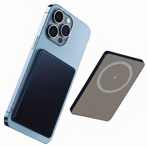 Blessing magnetic wireless charging power bank in tan attaches to a light blue smartphone.