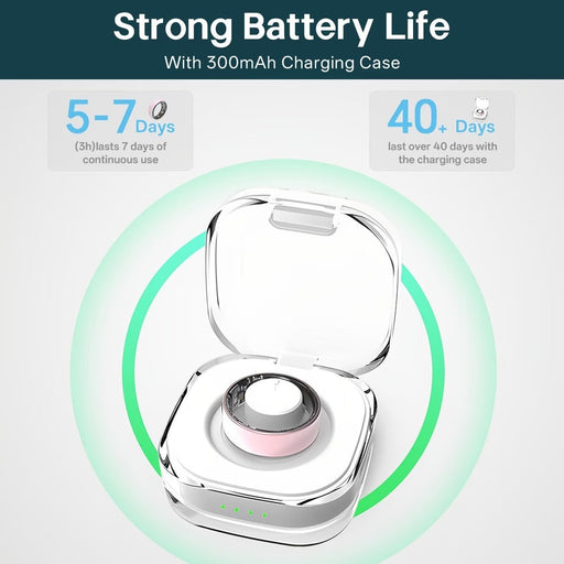 Blessing Smart Ring for women in pink, a health tracker with a charging case, highlighting long battery life.