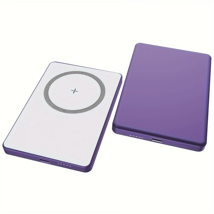 Blessing magnetic wireless charging power bank in purple, slim and portable with magnetic attachment for phones.
