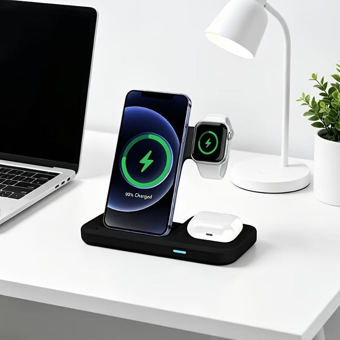 Blessing Sells 3-in-1 black wireless charging stand with iPhone, Apple Watch, and earbuds charging.
