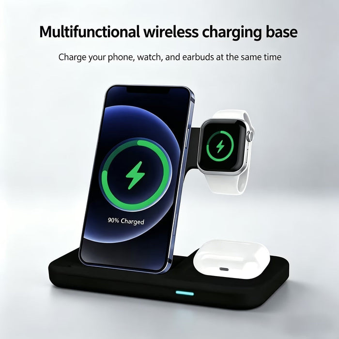 Blessing Sells 3-in-1 wireless charging stand in black, charging a phone, watch, and earbuds simultaneously.