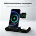 Blessing Sells 3-in-1 wireless charging stand in black, charging a phone, watch, and earbuds simultaneously.