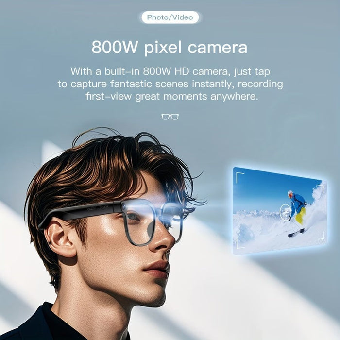 Blessing Sells 4K camera glasses with AI smart features, featuring an 800W pixel camera, real-time translation, object recognition, and open-ear audio.