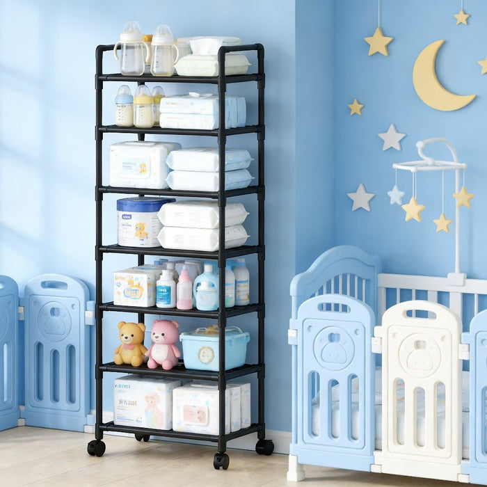 Blessing Sells 6-layer black metal storage cart with wheels, filled with baby bottles, diapers, wipes, and toys in a nursery.