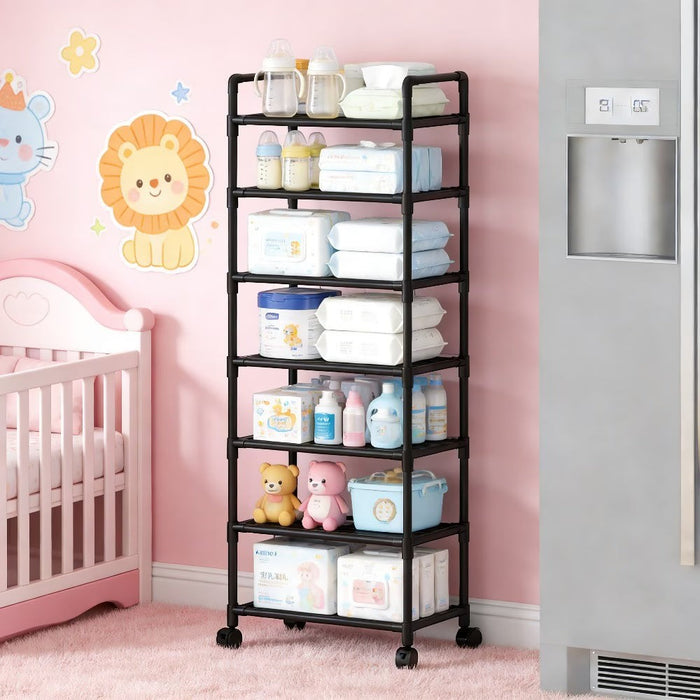 Blessing Sells black 6-layer wheeled storage cart filled with baby essentials like diapers, wipes, bottles, and toys in a nursery.