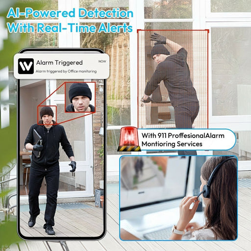 Blessing Sells AI security camera detects intruder at door, showing real-time alerts on phone and professional monitoring.