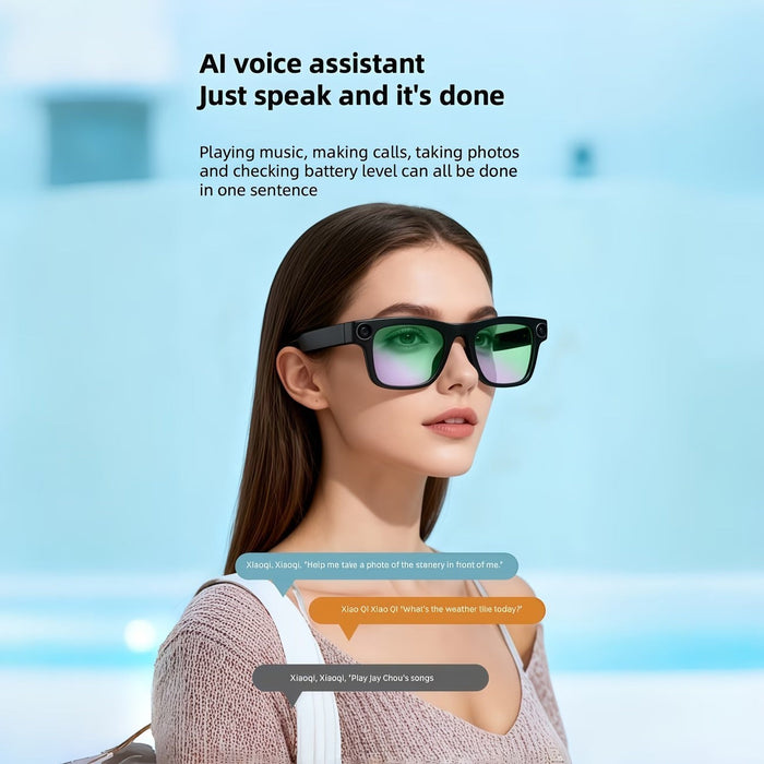 Blessing Sells AI smart camera glasses with black frames and green-tinted lenses, featuring voice assistant capabilities for hands-free operation.