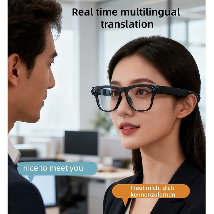 Blessing Sells AI smart camera glasses with 8MP HD lens and real-time translation feature, worn by a woman.