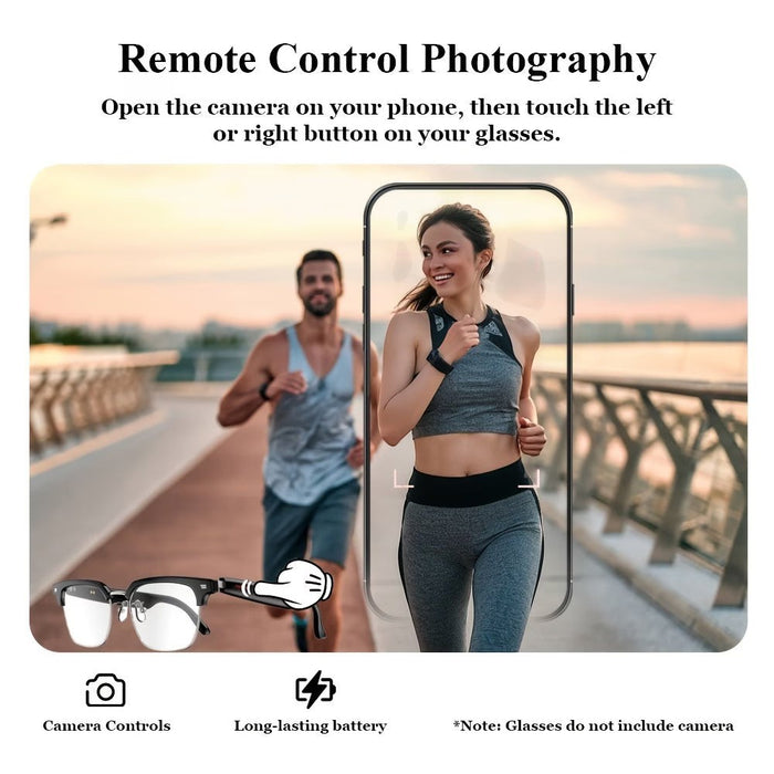 Blessing Sells FeipuQu AI smart glasses with black frames and clear lenses, featuring camera controls and long-lasting battery for hands-free use.