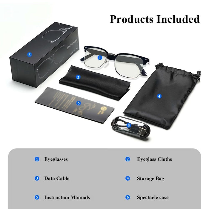 Blessing Sells FeipuQu AI Smart Glasses, black metal frame, clear lenses, with accessories including a charging cable, cleaning cloth, storage bag, and case.