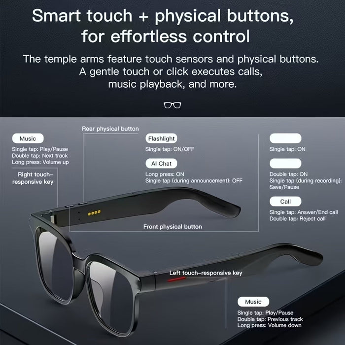 Blessing Sells black AI smart glasses with touch and physical buttons for music, calls, and AI chat.