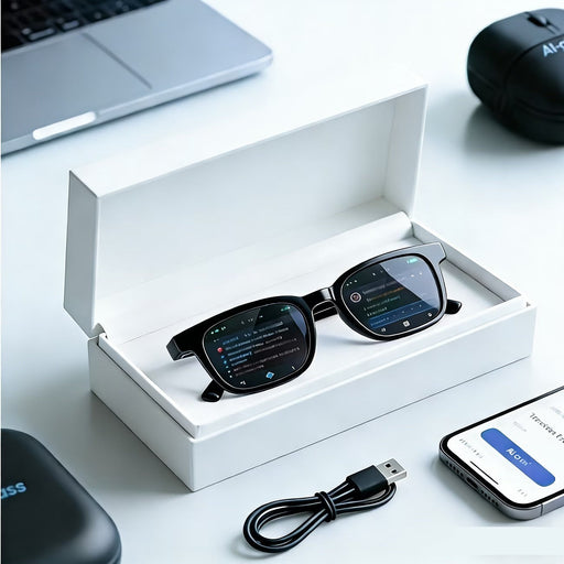 Blessing Sells AI smart glasses in black with a digital display on the lens, shown in a white box with a laptop and phone.