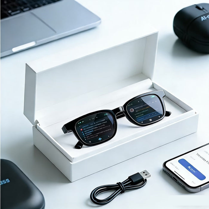 Blessing Sells black AI smart glasses with a digital display on the lens, shown in a white box with a laptop and phone.