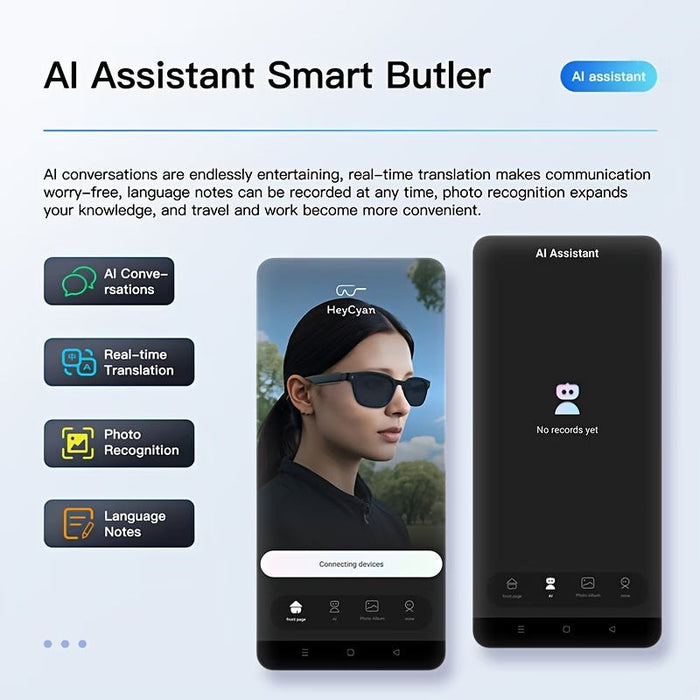 Blessing Sells AI smart glasses with camera, offering real-time translation, photo recognition, and language notes. Unisex design.