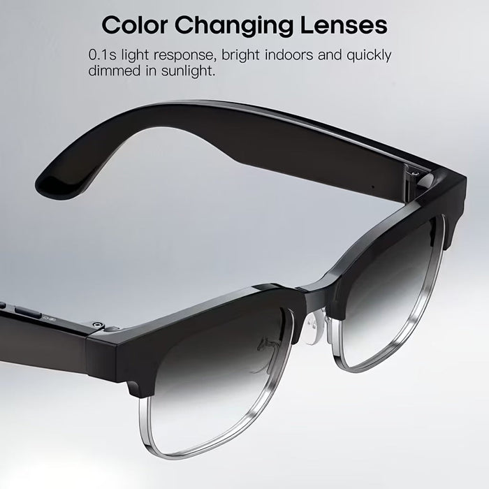 Blessing Sells AI smart glasses with black frames and color-changing lenses that transition from clear to dark in sunlight.