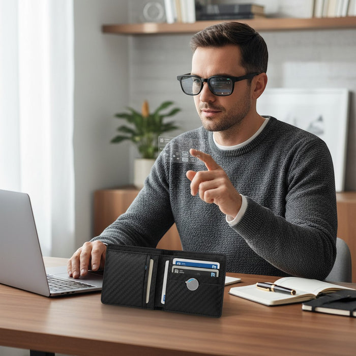 Blessing Sells man wearing black AI smart glasses with holographic display, interacting with technology at a desk.