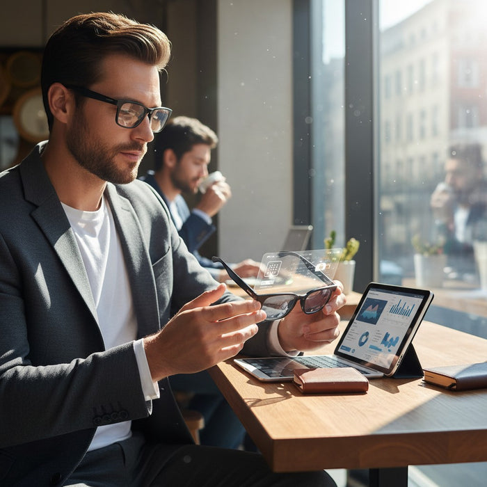 Blessing Sells AI smart glasses with holographic display, held by a man in a suit at a cafe table with a tablet.