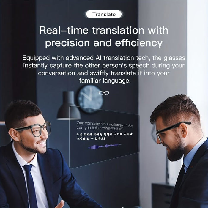 Blessing Sells AI smart glasses with real-time translation, object recognition, and open-ear audio. Black frames.
