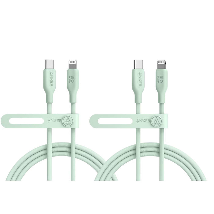 Blessing Sells Anker Bio Based Charging Cable Set in mint green, made from plant-based materials with USB-C and Lightning connectors.