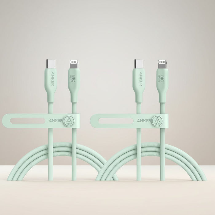 Blessing Sells Anker Bio Based Charging Cable Set in mint green, featuring USB-C and Lightning connectors, made from plant-based materials.
