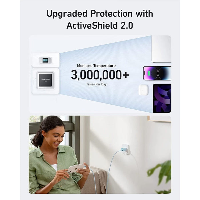 Blessing Sells Anker Nano USB C charger with 240W cable, white charger plugged into wall, woman charging iPhone.