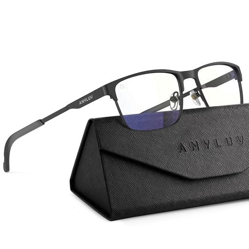 Blessing Sells ANYLUV black metal rectangular blue light blocking glasses with a textured black case.