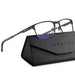 Blessing Sells ANYLUV black metal rectangular blue light blocking glasses with a textured black case.