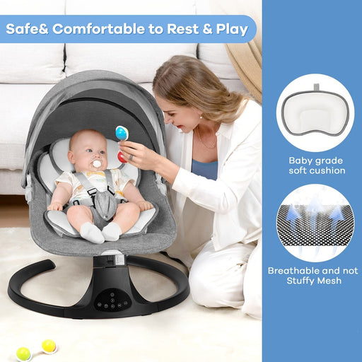 Blessing Sells grey baby swing with 5 speeds, 10 lullabies, and a 15-point safety belt, featuring a soft cushion and breathable mesh.