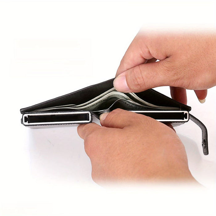 Blessing Sells men's beige RFID blocking wallet with auto pop-up mechanism, holding cash.