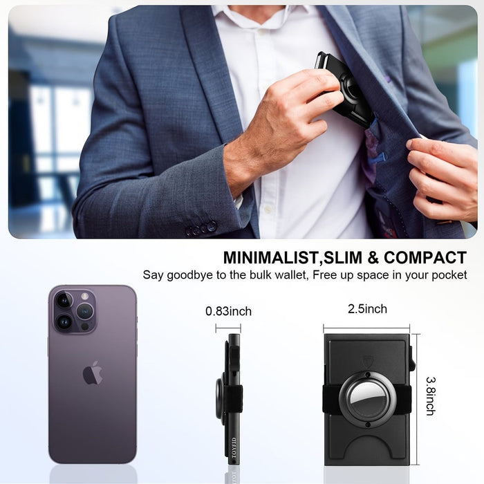 Blessing Sells black aluminium card wallet with AirTag slot and quick ejector button, shown being placed in a suit pocket.