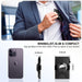 Blessing Sells black aluminium card wallet with AirTag slot and quick ejector button, shown being placed in a suit pocket.