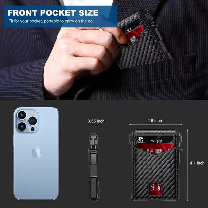 Blessing Sells black carbon fiber minimalist wallet with pop-out card holder and cash clip, shown in a man's suit pocket.