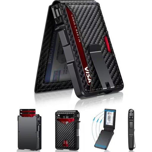 Blessing Sells black carbon fiber men's wallet with pop-out card holder, RFID protection, and money clip.