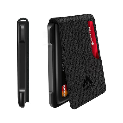 Blessing Sells black faux leather minimalist wallet with metal trim and card slot. RFID protection.