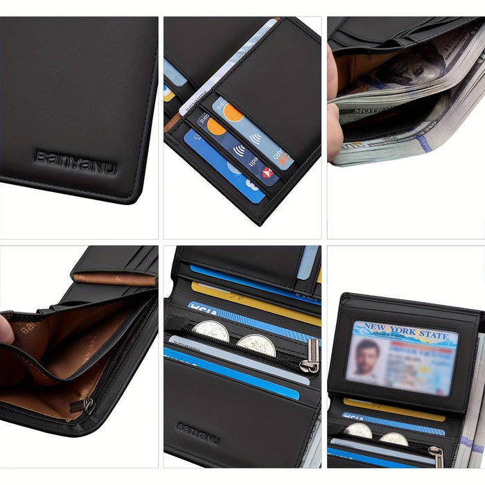 Blessing Sells black genuine leather three-fold wallet for men with 13 card slots, ID window, and zippered coin pocket.