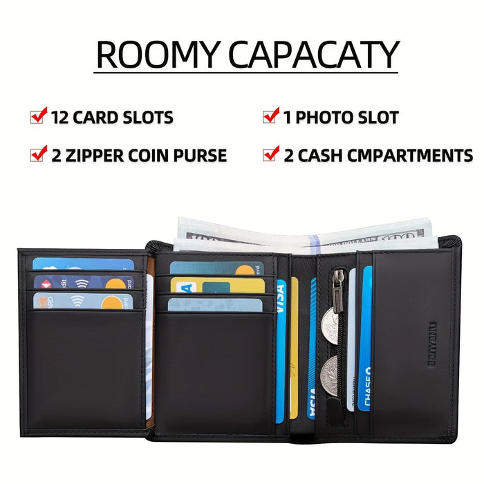 Blessing Sells black genuine leather three-fold wallet for men with 13 card slots, coin purse, and cash compartments.