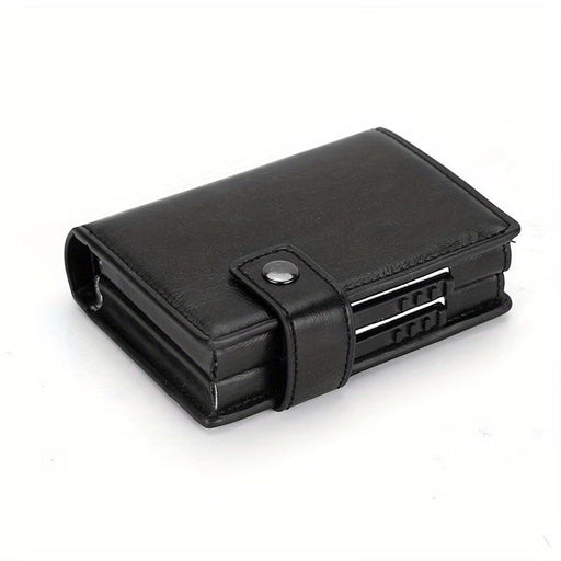 Blessing Sells black leather RFID blocking wallet with auto pop-up card mechanism and snap closure.