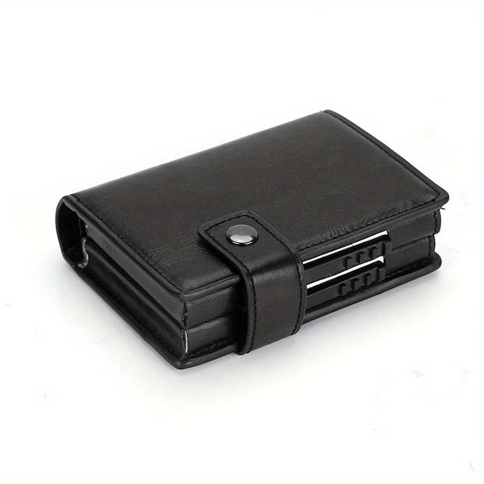 Blessing Sells black leather RFID blocking wallet with auto pop-up card mechanism and snap closure.