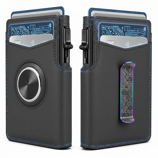 Blessing Sells black genuine leather bifold wallet with RFID blocking, ID window, card holder, and money clip.