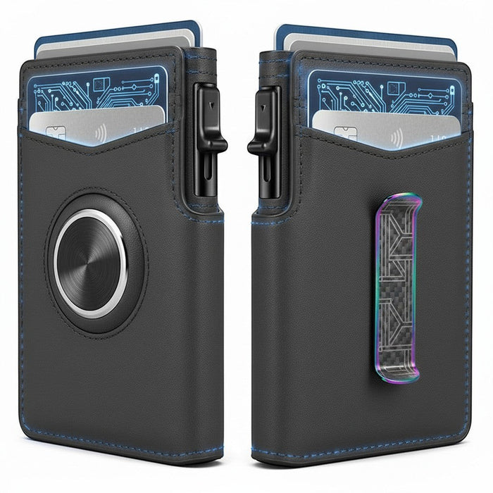 Blessing Sells black genuine leather bifold wallet with RFID blocking, ID window, card holder, and money clip.