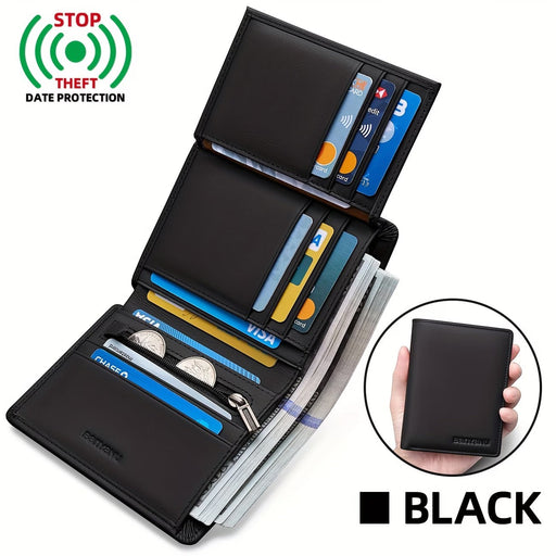 Blessing Sells black genuine leather three-fold wallet for men with 13 card slots and anti-theft feature.