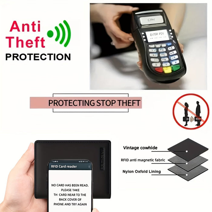 Blessing Sells black genuine leather three-fold wallet for men with 13 card slots and RFID anti-theft protection.