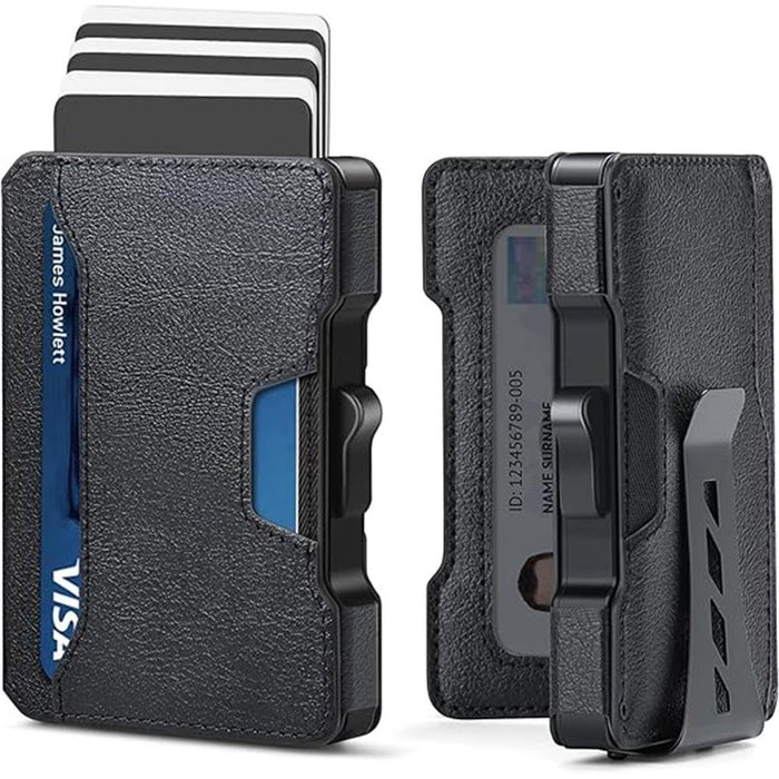 Blessing Sells black faux leather metal card case with RFID shield, side push release and money clip. Holds multiple cards.